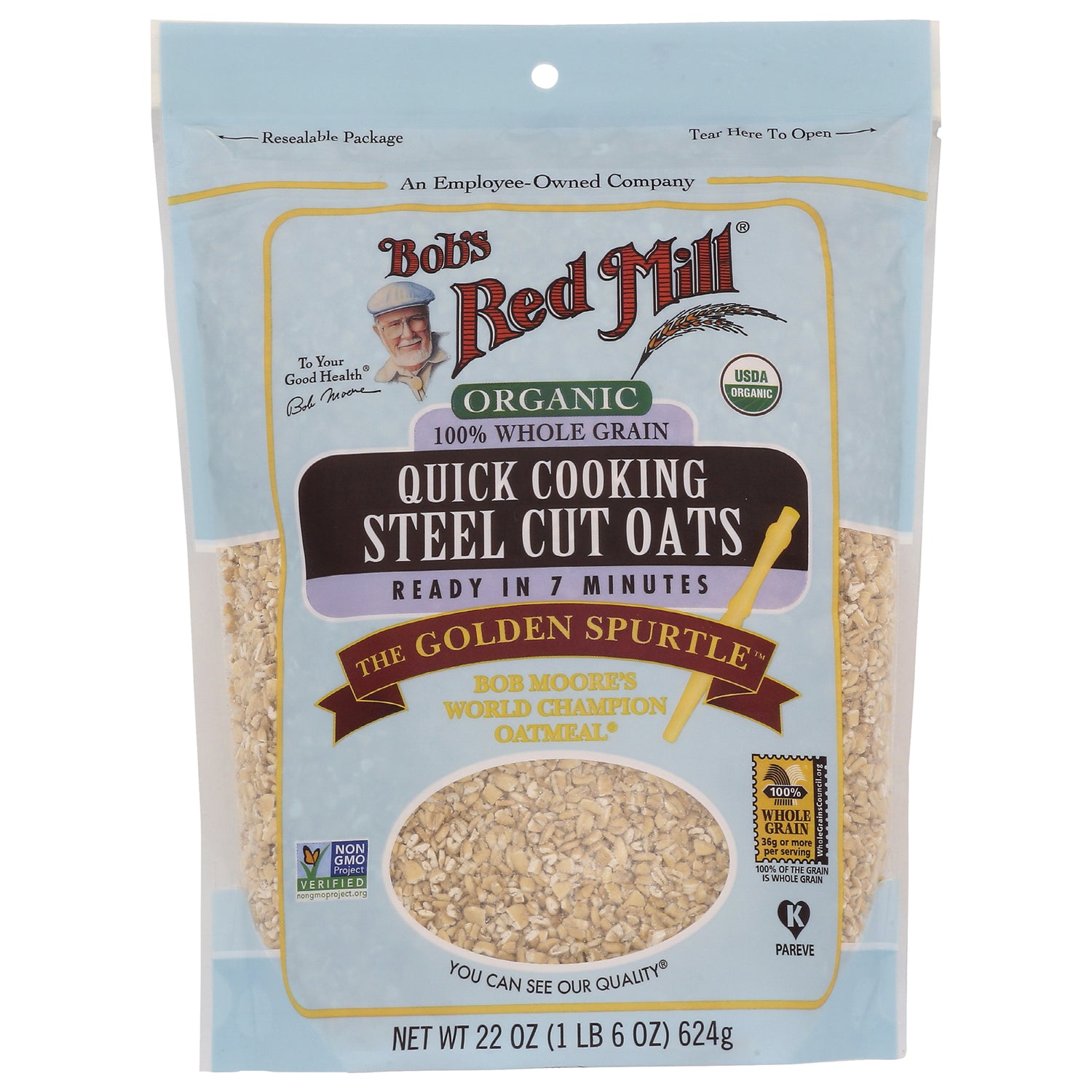 BOB315 | Bob's Red Mill organic quick cooking steel cut oats bag front with clear window showing oats