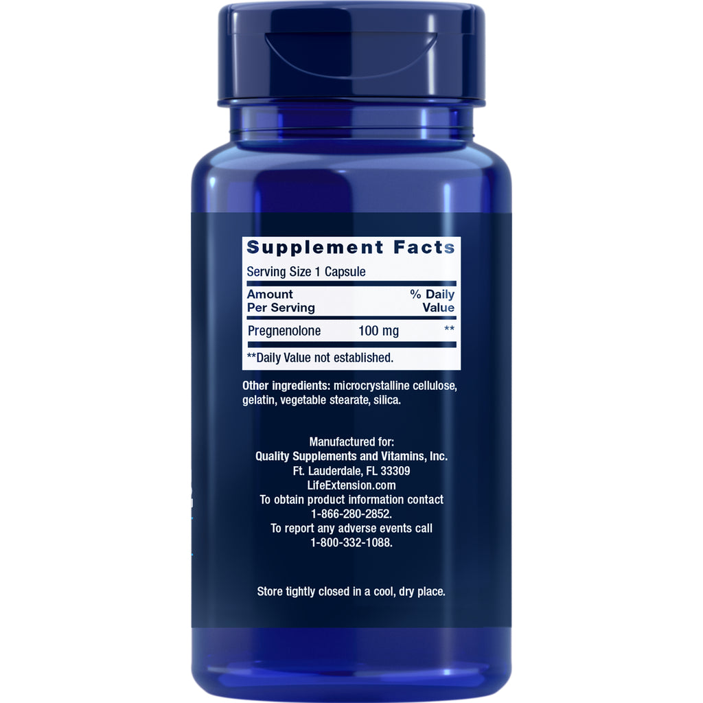 LE137 | Back label of blue supplement bottle with Supplement Facts for Pregnenolone 100 mg - Thumbnail