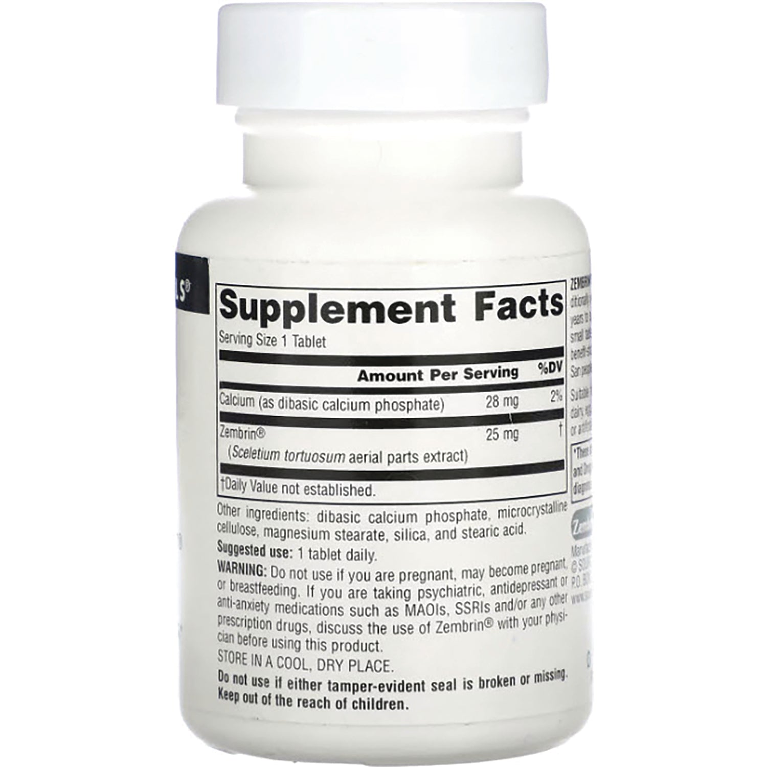 SN559 | Supplement bottle back label with Supplement Facts, ingredients, suggested use, and warnings