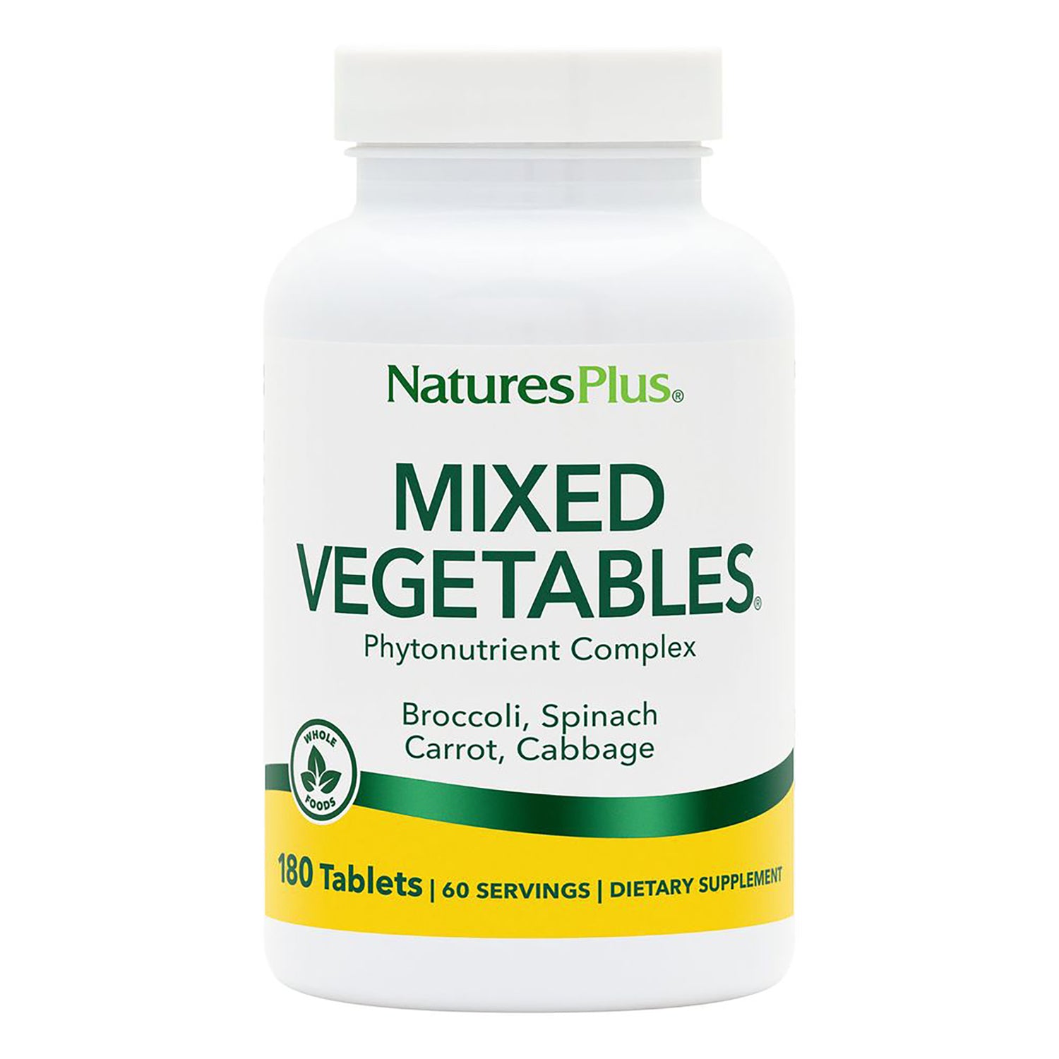 NTP172 | NaturesPlus Mixed Vegetables phytonutrient complex bottle front label, 180 Tablets, lists broccoli, spinach, carrot, cabbage