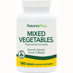 NTP172 | NaturesPlus Mixed Vegetables phytonutrient complex bottle front label, 180 Tablets, lists broccoli, spinach, carrot, cabbage