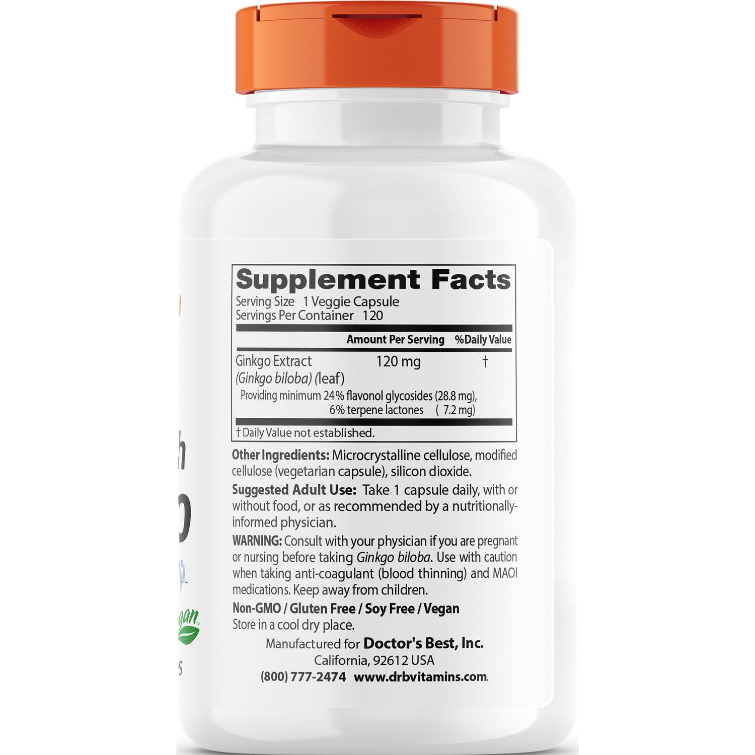 DB108 | back label showing Supplement Facts panel with Ginkgo Extract 120 mg, ingredients and warnings