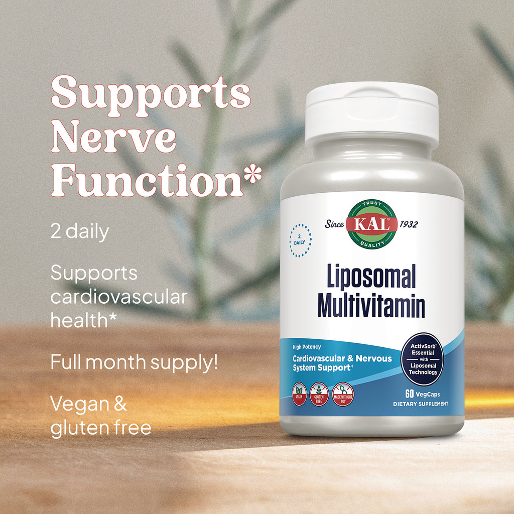 KL592 | KAL Liposomal Multivitamin bottle with text callouts: supports nerve function, cardiovascular health, vegan and gluten free - Thumbnail