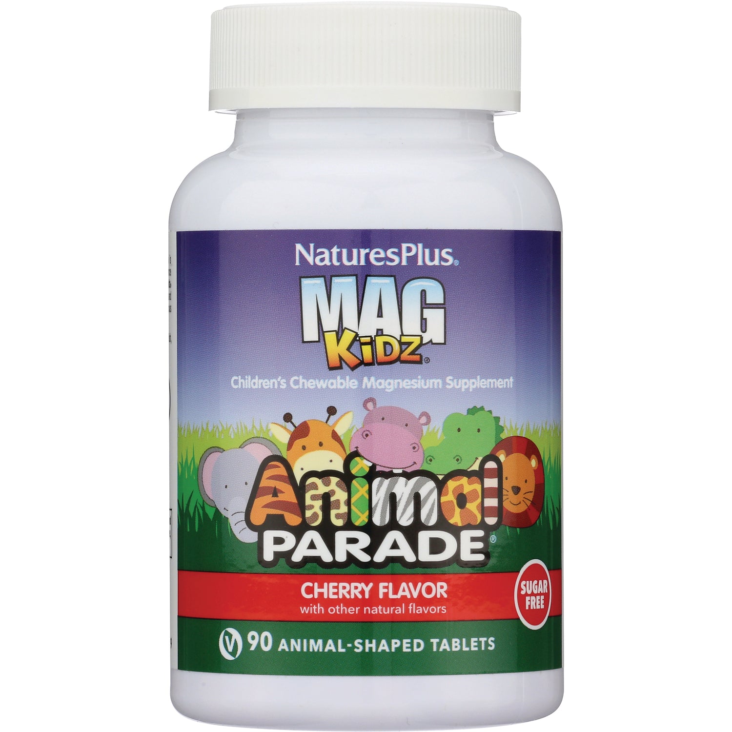 NTP318 | White bottle of NaturesPlus MAG KiDZ Animal Parade cherry chewable magnesium tablets, front label