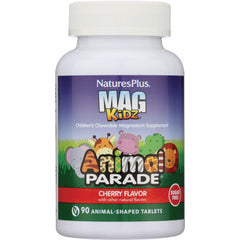 NTP318 | White bottle of NaturesPlus MAG KiDZ Animal Parade cherry chewable magnesium tablets, front label