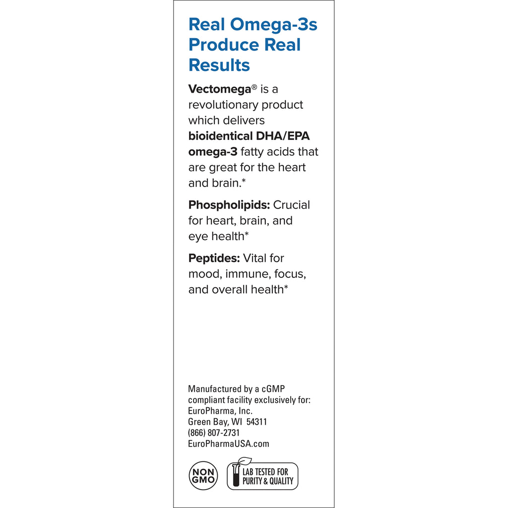 EUR003 | Back panel: Real Omega-3s, Vectomega DHA/EPA, phospholipids, peptides, manufacturer info, Non GMO and lab icons - Thumbnail