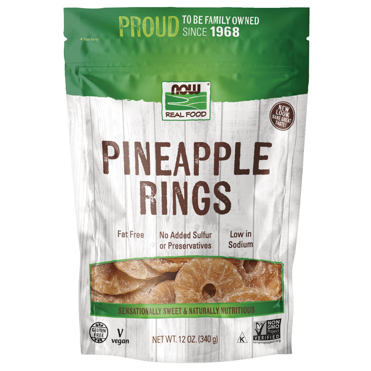 NWF1413 | NOW Real Food pineapple rings front pouch with clear window showing dried rings, 12 oz