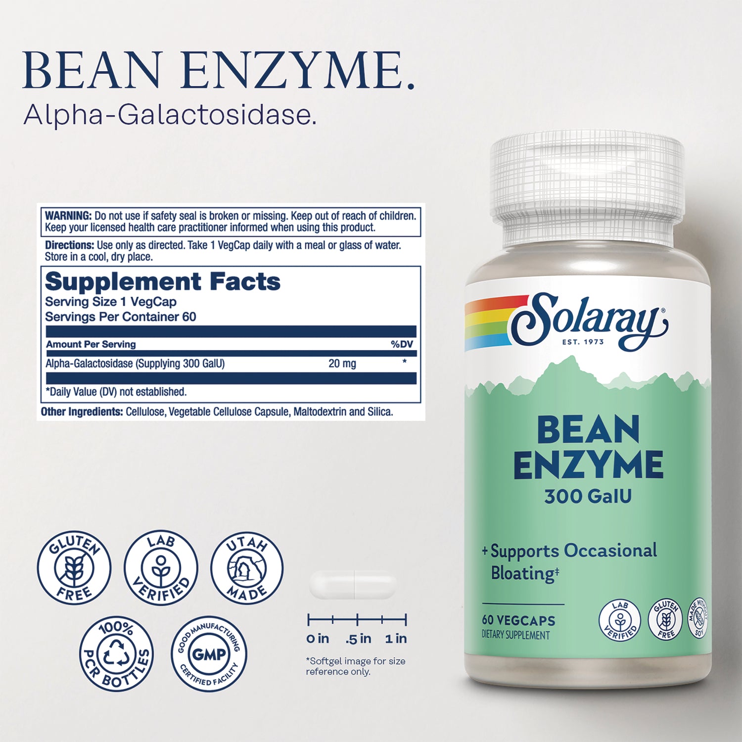 SLR527 | Back label showing Supplement Facts panel and Solaray Bean Enzyme 300 GalU bottle and certification icons