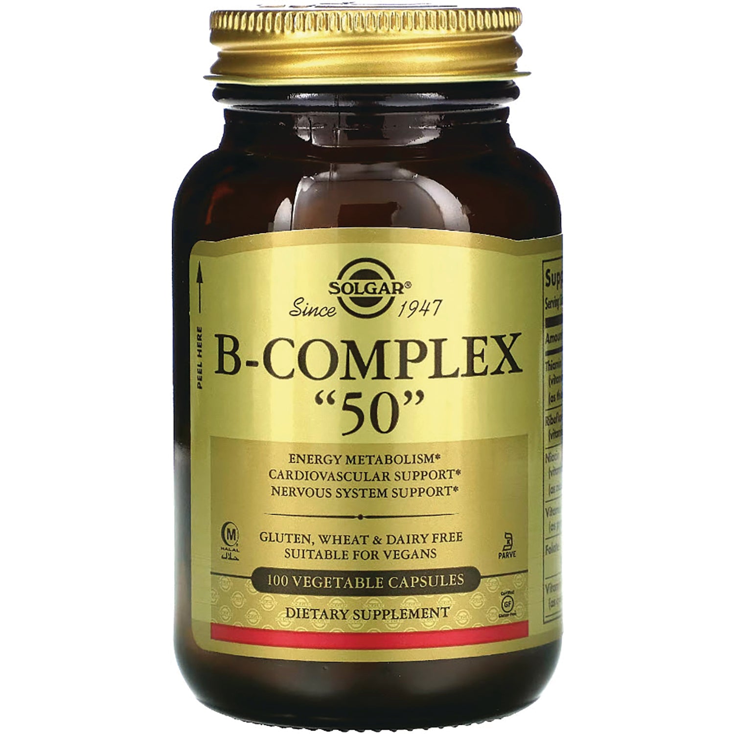 SLG208 | Amber glass bottle with gold label reading B-COMPLEX \