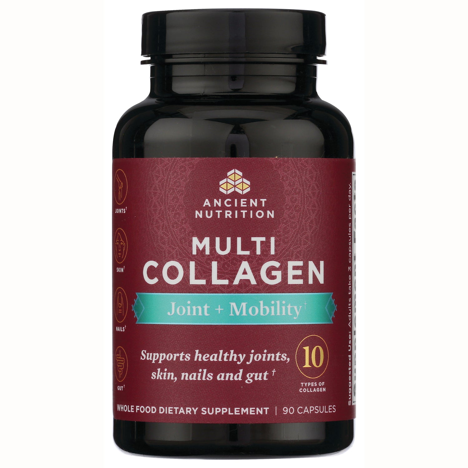 ATN065 | Ancient Nutrition Multi Collagen Joint + Mobility bottle front label with maroon wrap and 90 capsules