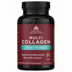 ATN065 | Ancient Nutrition Multi Collagen Joint + Mobility bottle front label with maroon wrap and 90 capsules