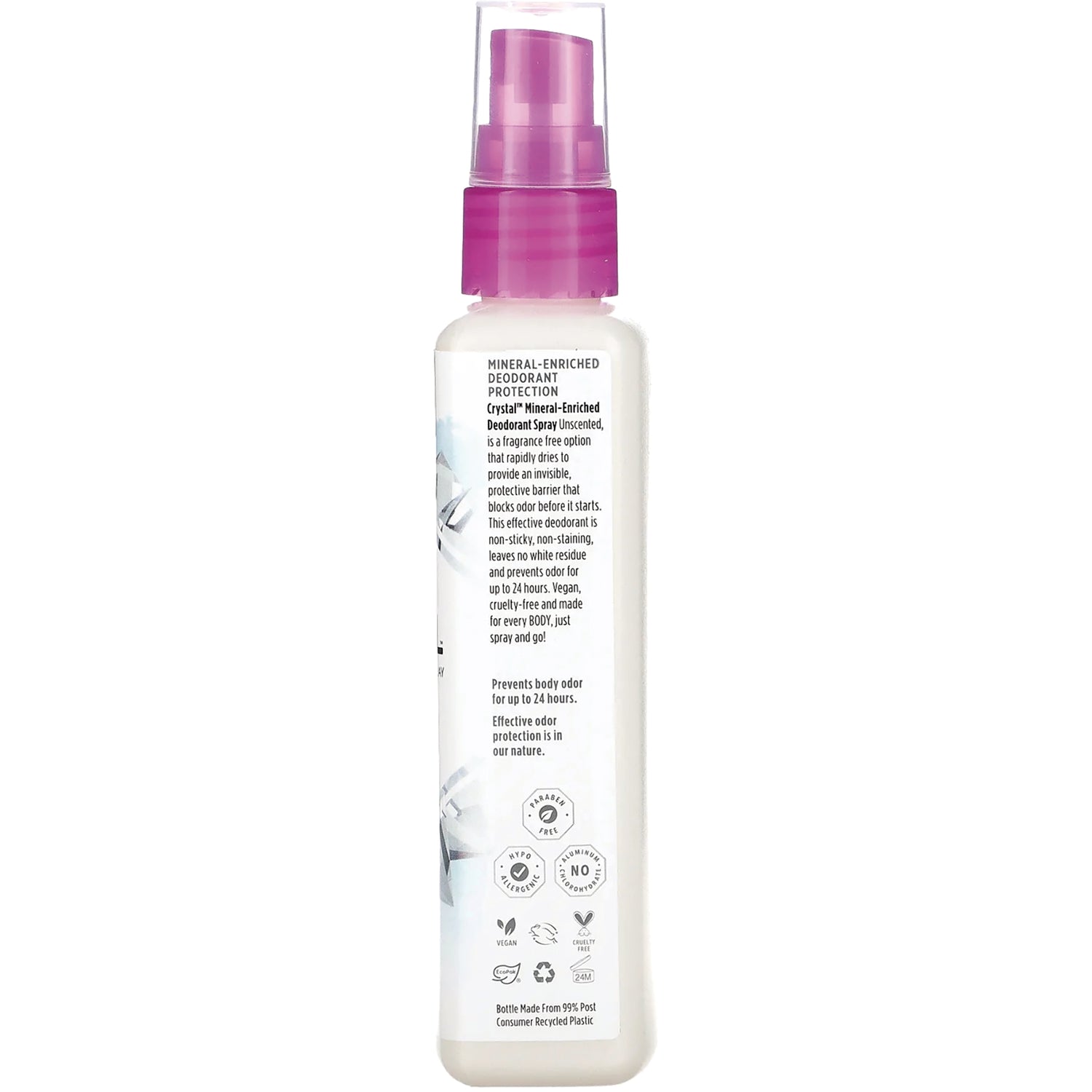 CRY007 | Back label of white deodorant spray bottle with pink pump showing ingredient text and icons