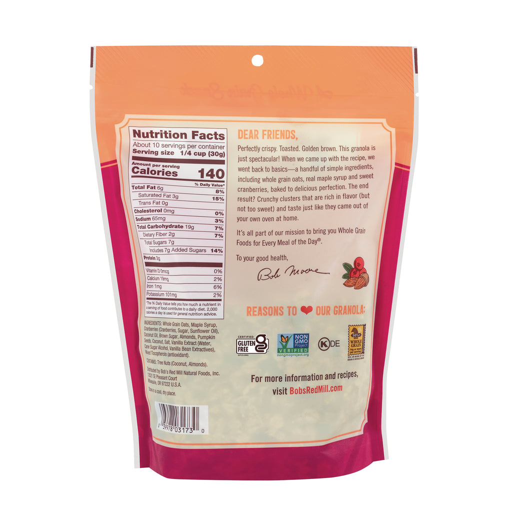 BOB476 | Back of granola pouch showing nutrition facts panel, ingredient list, certification logos and barcode - Thumbnail