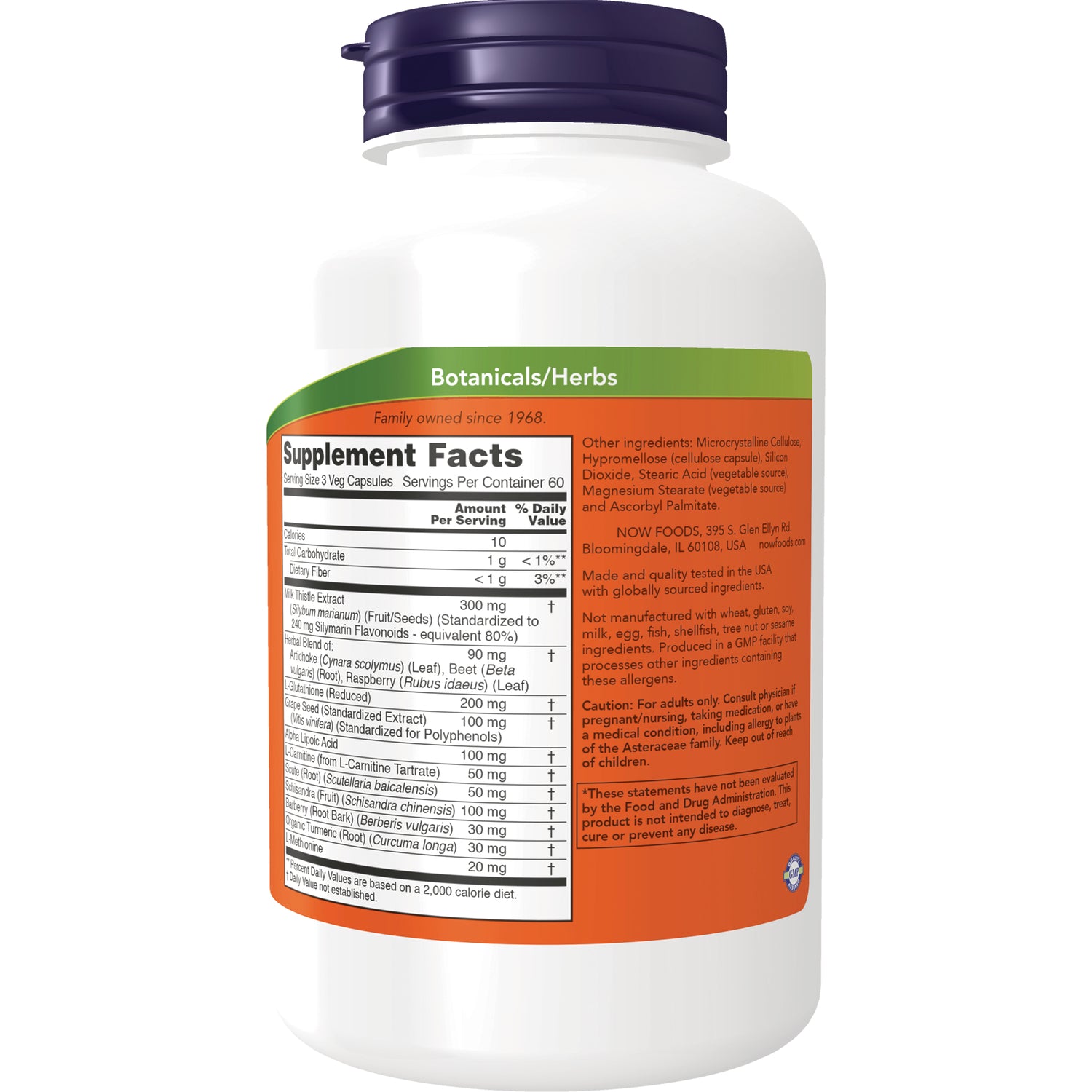 NWF1177 | Back of white supplement bottle showing Supplement Facts panel, ingredient text, and Botanicals/Herbs header