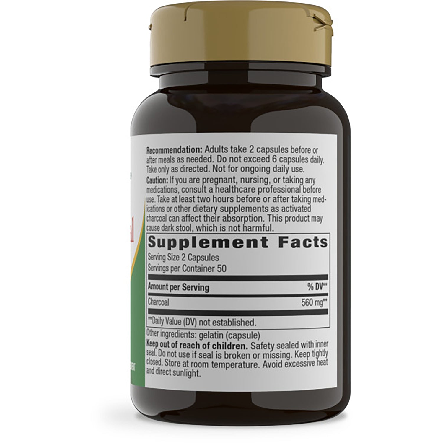 NW380 | Back label of dark supplement bottle showing recommendation text and Supplement Facts listing charcoal 560 mg