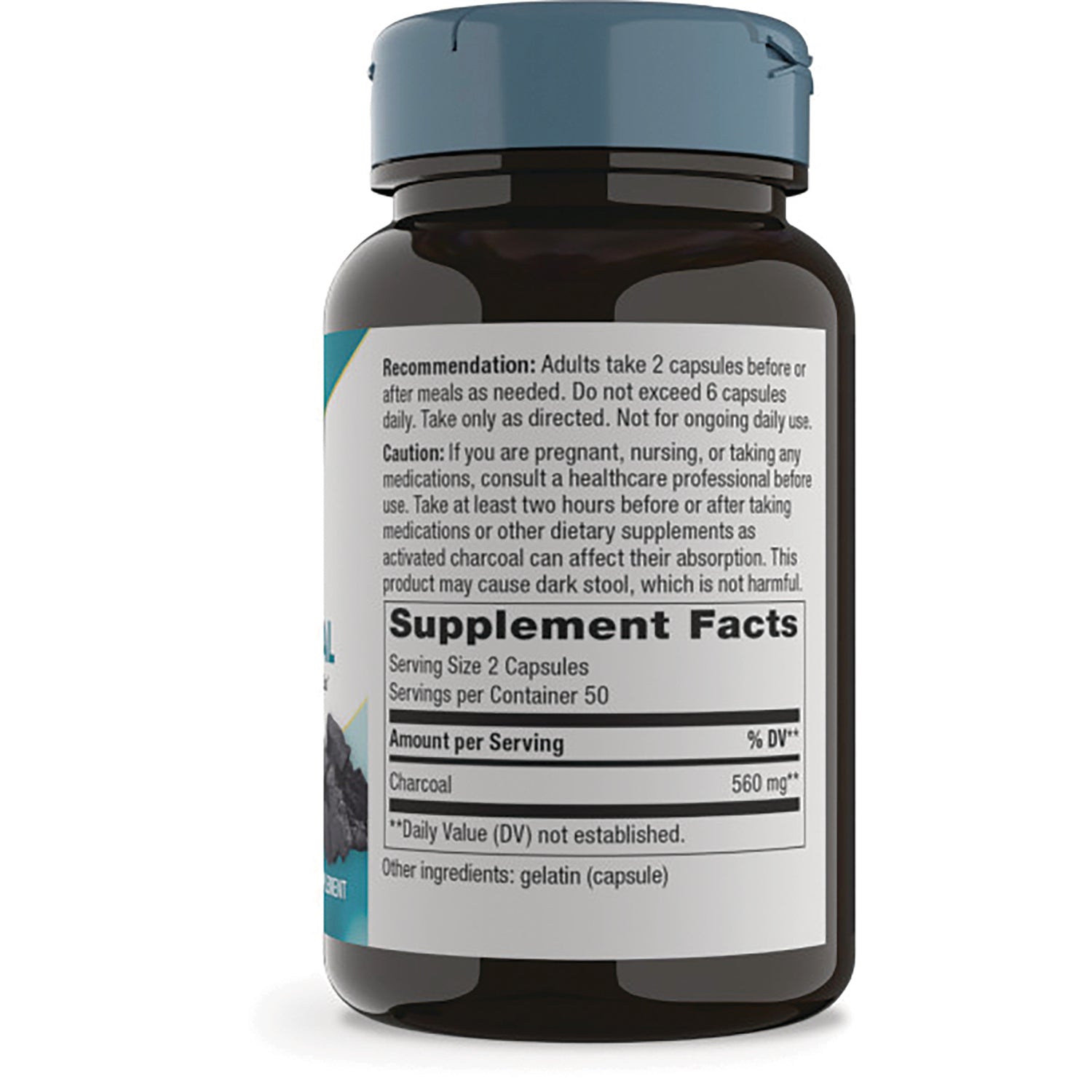 NW380 | Back label of dark supplement bottle showing recommendation text and Supplement Facts listing charcoal 560 mg