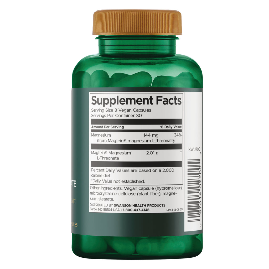SWU700 | Supplement Facts panel listing magnesium (Magtein magnesium L-threonate) and serving sizes - Thumbnail