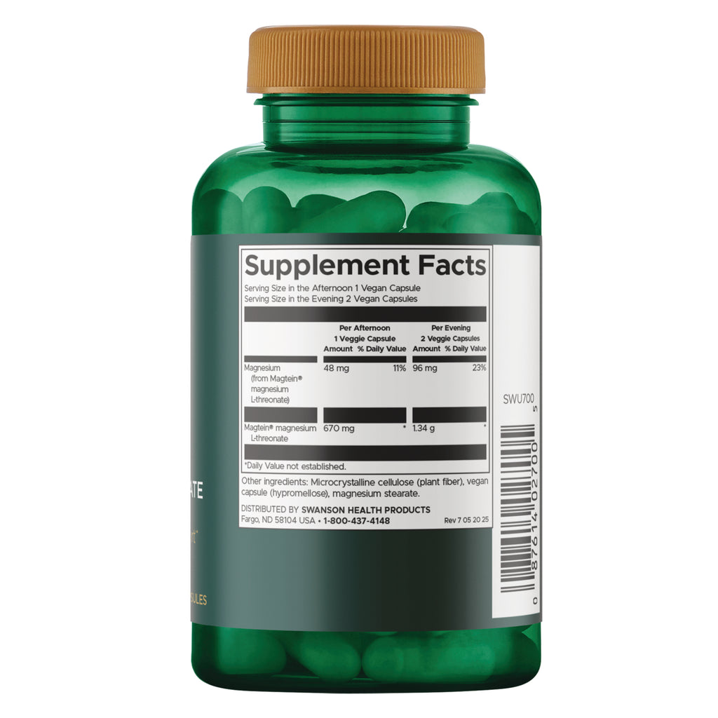 SWU700 | Supplement Facts panel listing magnesium (Magtein magnesium L-threonate) and serving sizes - Thumbnail