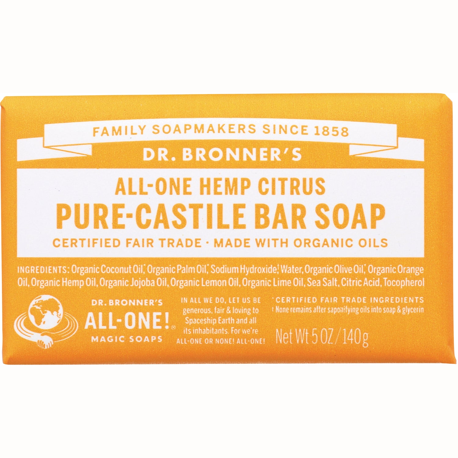 DRB020 | DR. BRONNER'S All-One Hemp Citrus pure-castile bar soap front packaging