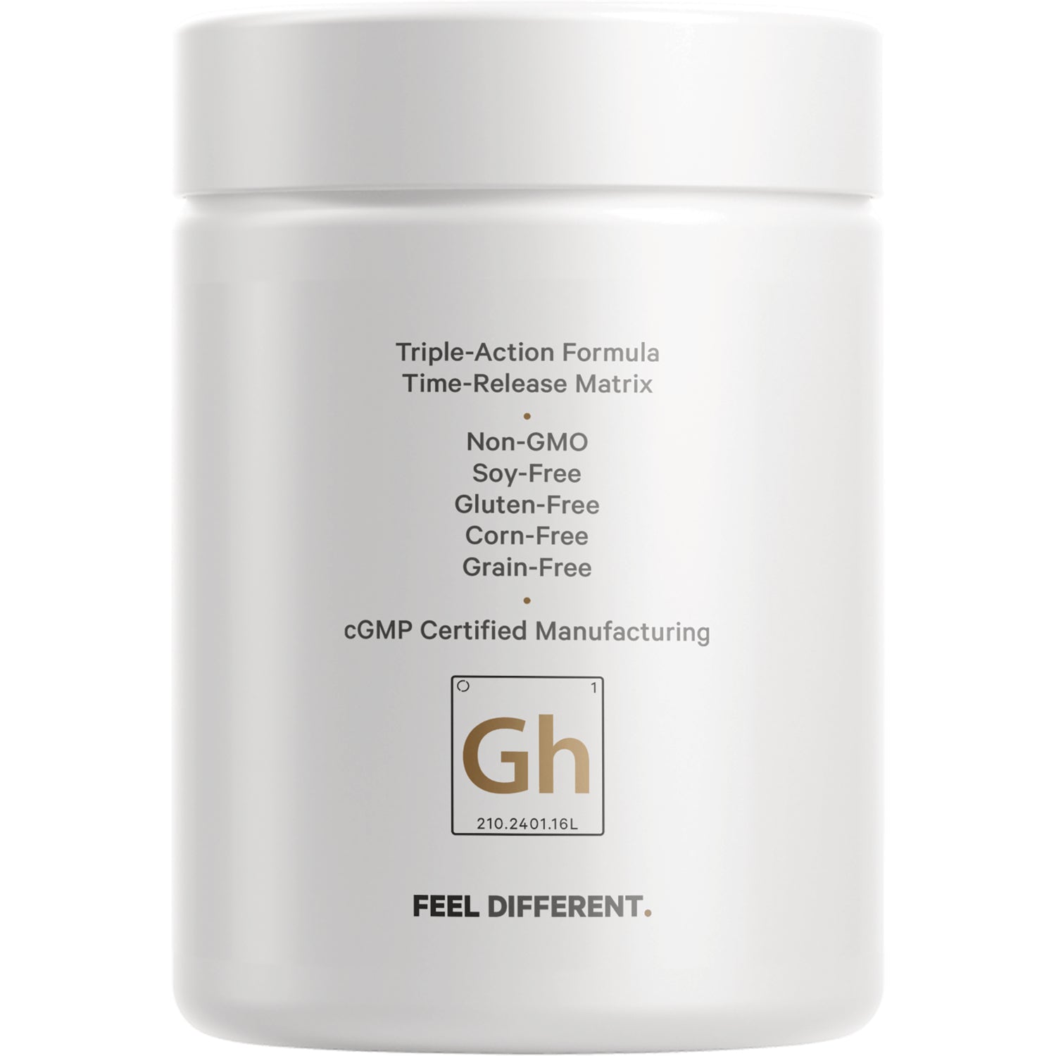 CDG003 | Back label of white supplement jar listing Triple-Action Formula, Non-GMO, Soy-Free, Gluten-Free, Corn-Free, Grain-Free and cGMP certified