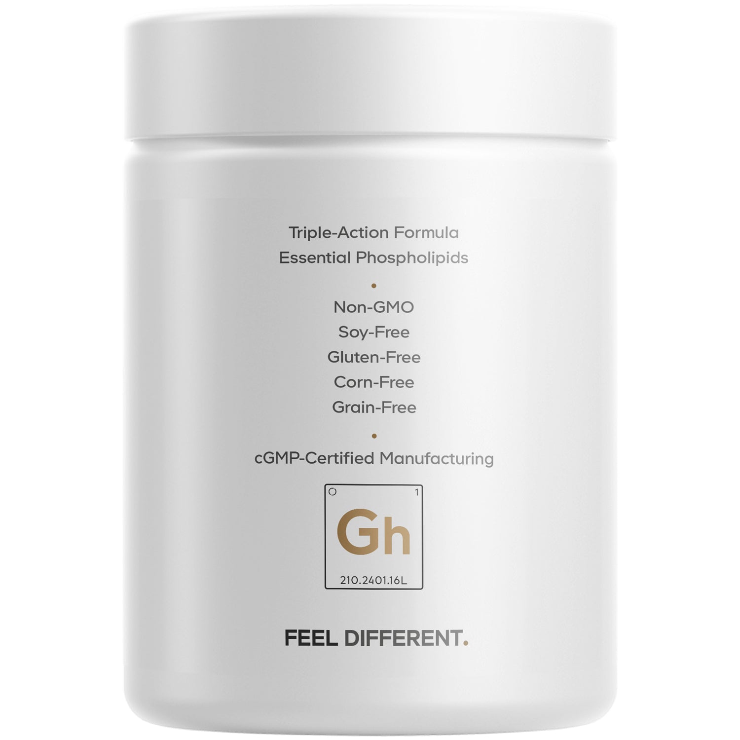 CDG003 | Back label of white supplement jar listing Triple-Action Formula, Non-GMO, Soy-Free, Gluten-Free, Corn-Free, Grain-Free and cGMP certified