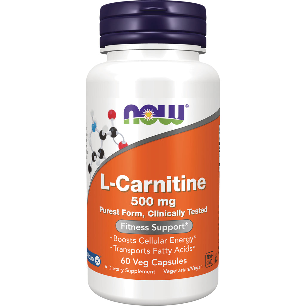 NWF035 | NOW L-Carnitine 500 mg white bottle with orange label, 60 Veg Capsules - Thumbnail