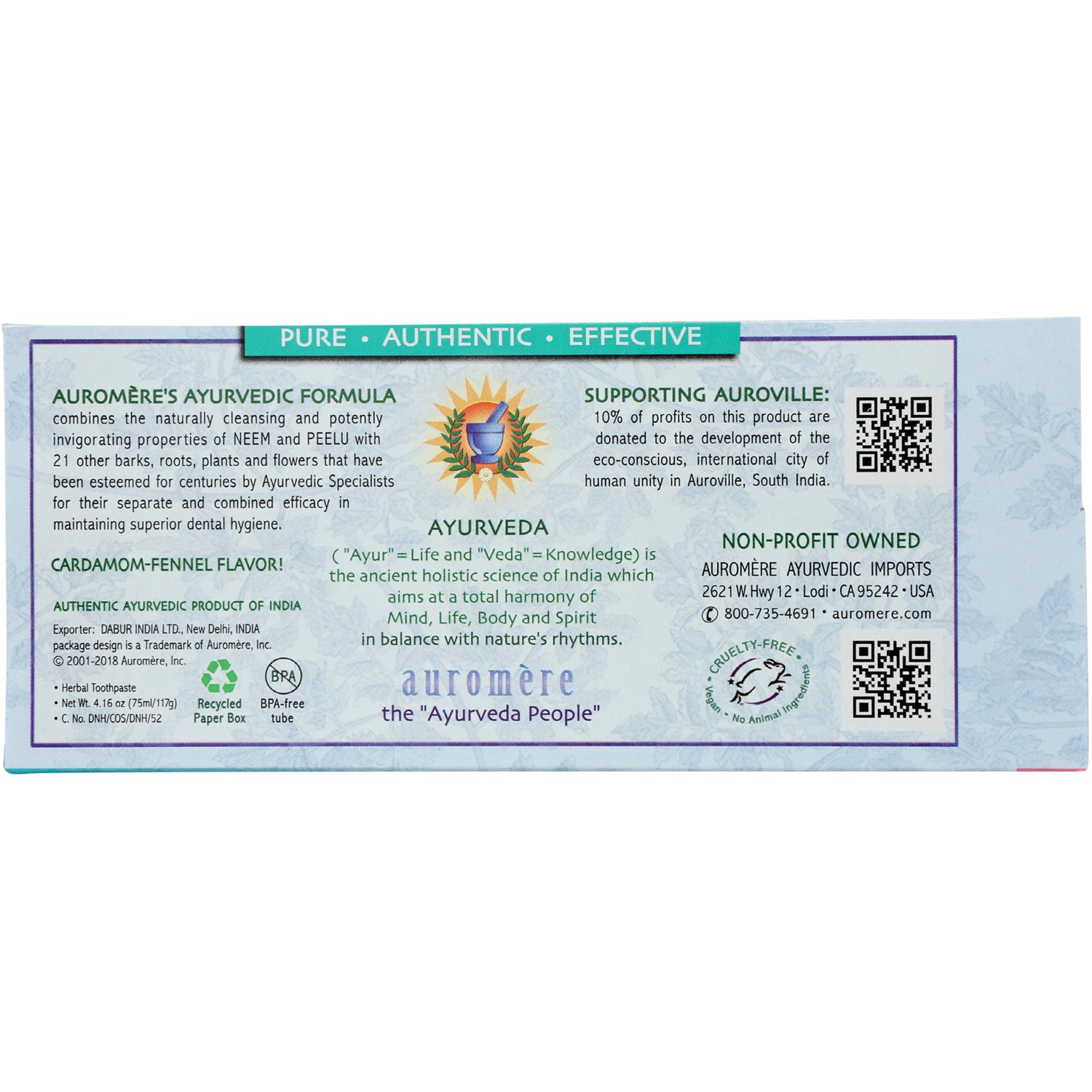 AUR008 | Back panel of Auromre toothpaste box showing Ayurvedic formula, cardamom-fennel flavor and company information