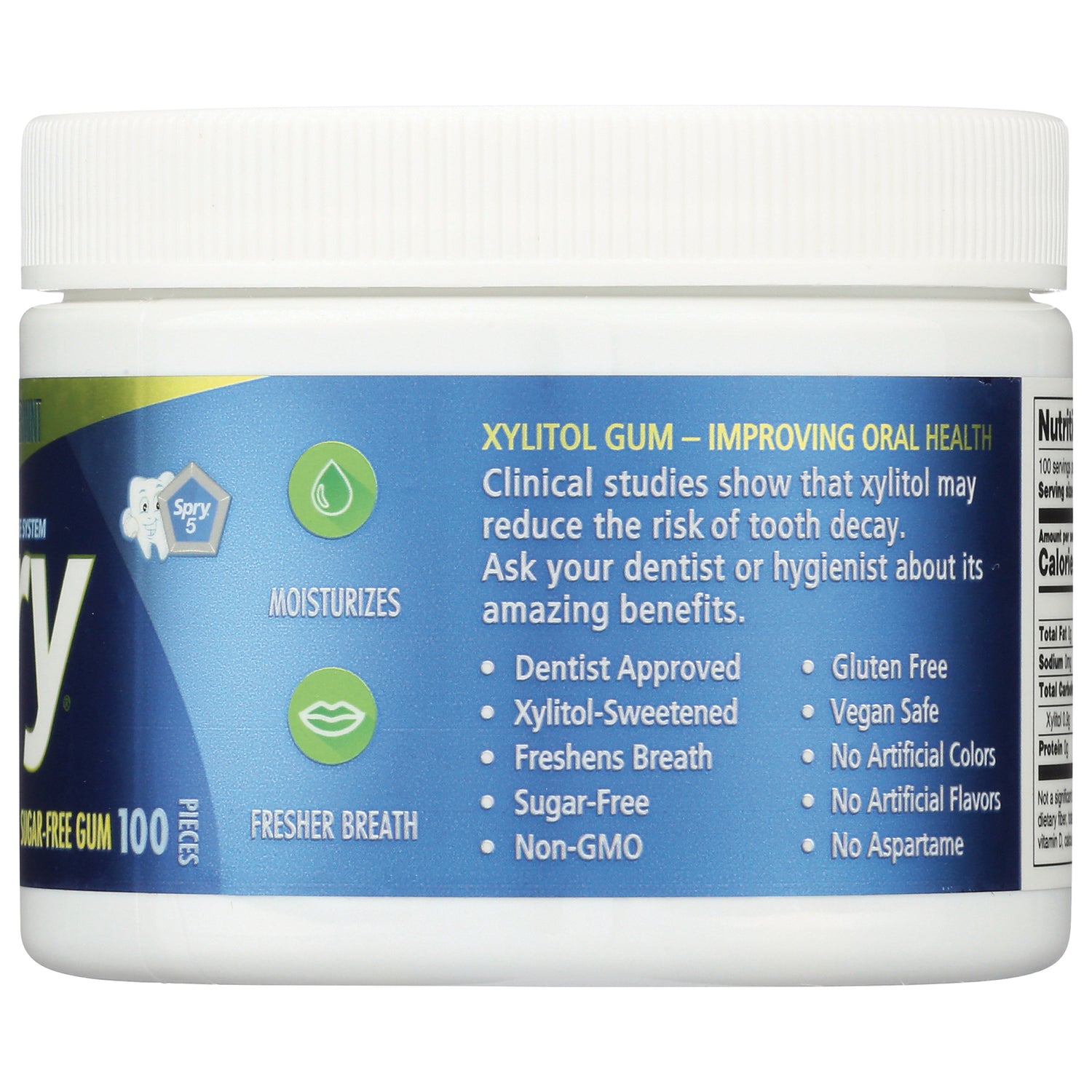 XL005 | Spry Xylitol Gum benefits panel: Moisturizes, Fresher Breath, Dentist Approved, Sugar-Free, Non-GMO, Gluten Free
