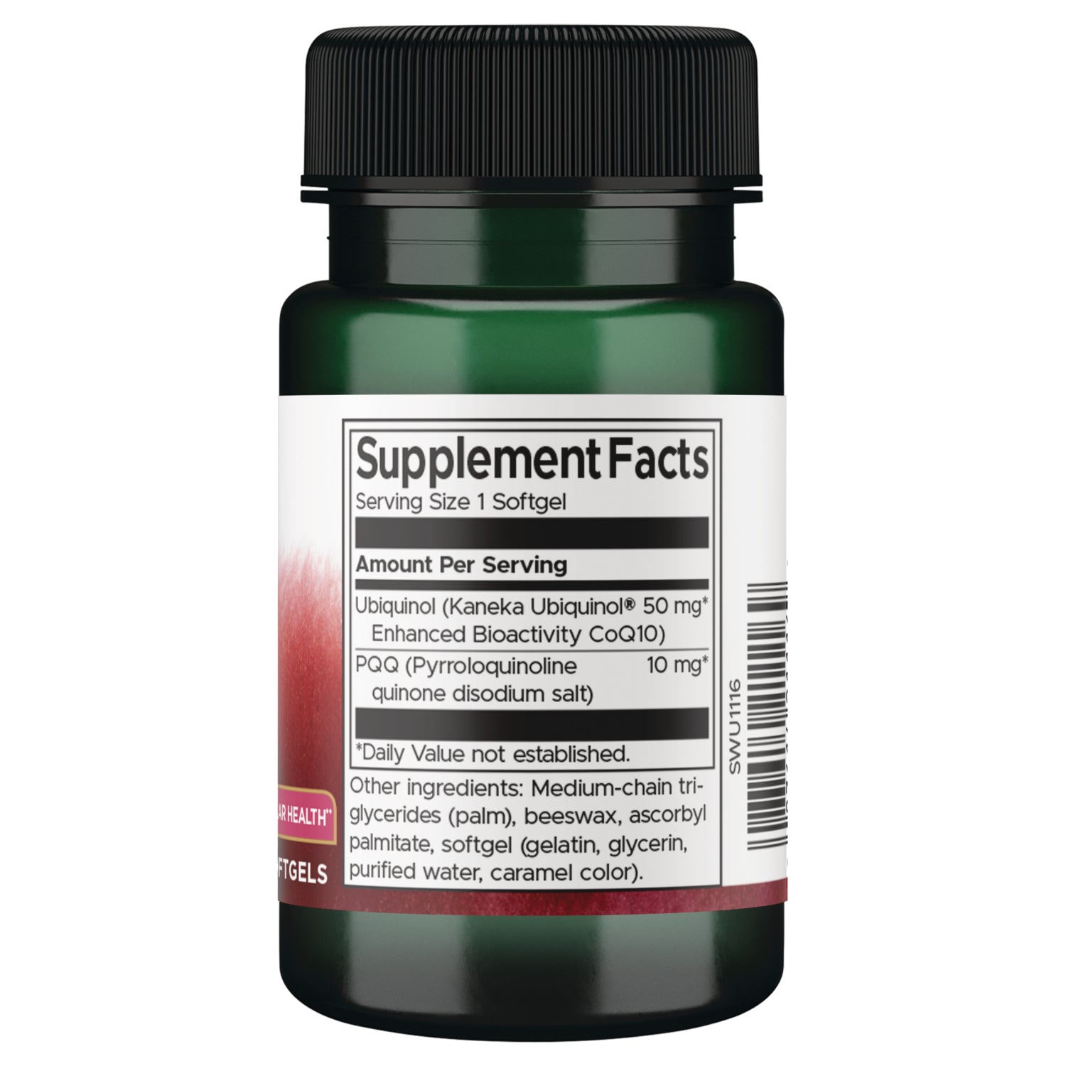 SWU1116 | Supplement Facts panel for ubiquinol and PQQ softgels with use, warnings, and storage instructions
