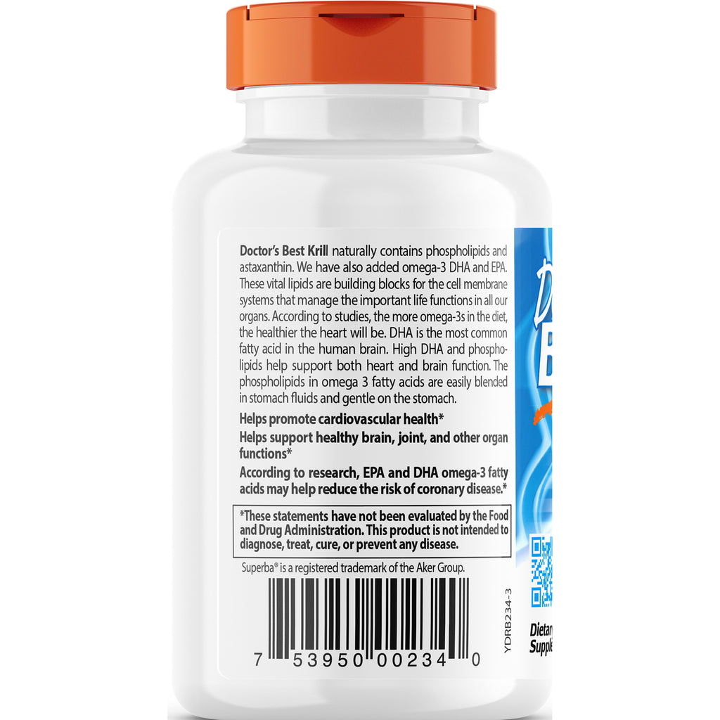 DB166 | back label of Doctor's Best Krill bottle showing ingredient and health claim text and barcode - Thumbnail