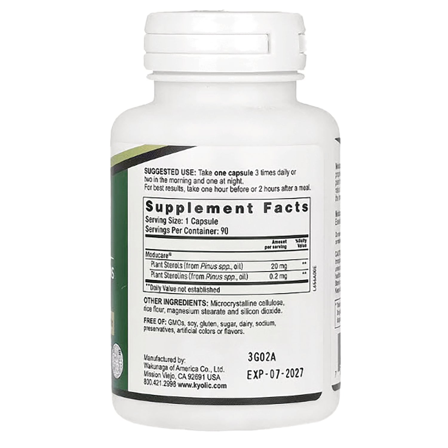 KY078 | Back of white supplement bottle showing Supplement Facts panel, suggested use, other ingredients and EXP 07-2027