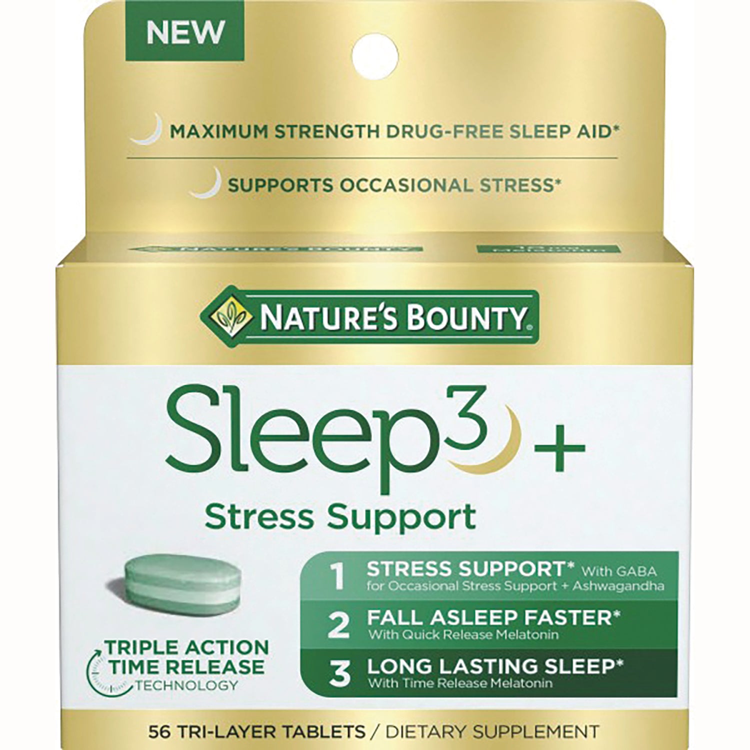 NBY096 | Nature's Bounty Sleep3+ Stress Support box front showing product name and triple action time-release tablets