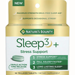 NBY096 | Nature's Bounty Sleep3+ Stress Support box front showing product name and triple action time-release tablets