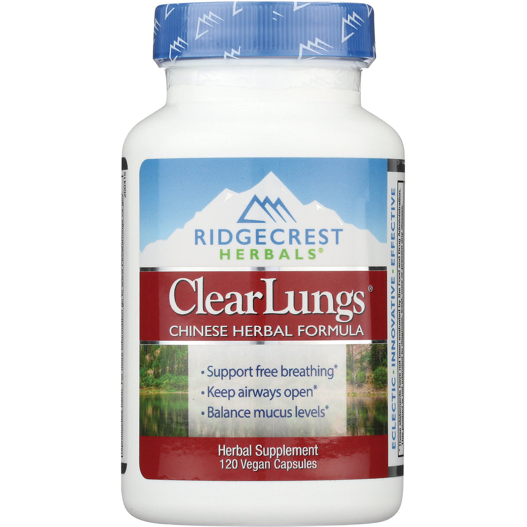PH043 | Ridgecrest Herbals ClearLungs Chinese Herbal Formula bottle front with blue cap and label reading 120 Vegan Capsules - Thumbnail