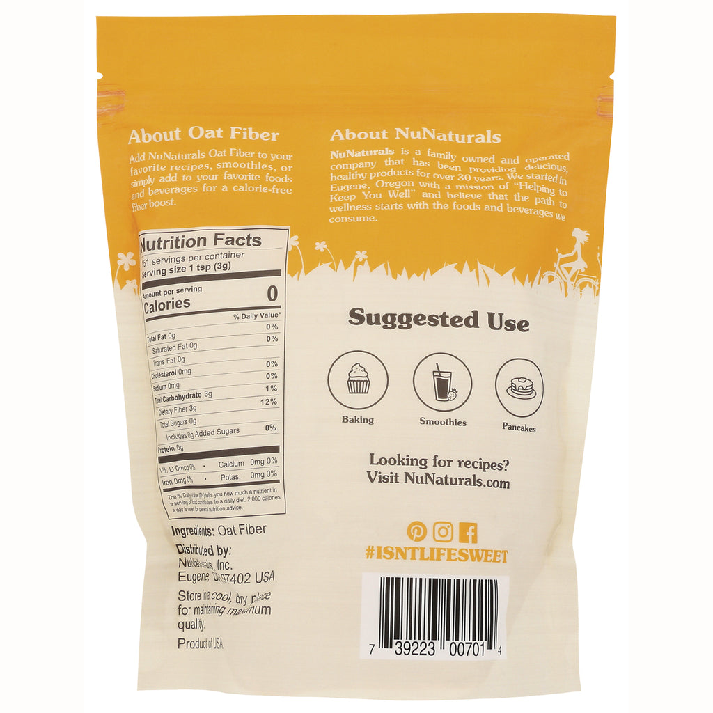 NN055 | Back of NuNaturals oat fiber pouch showing nutrition facts, suggested use icons, barcode, and ingredients - Thumbnail