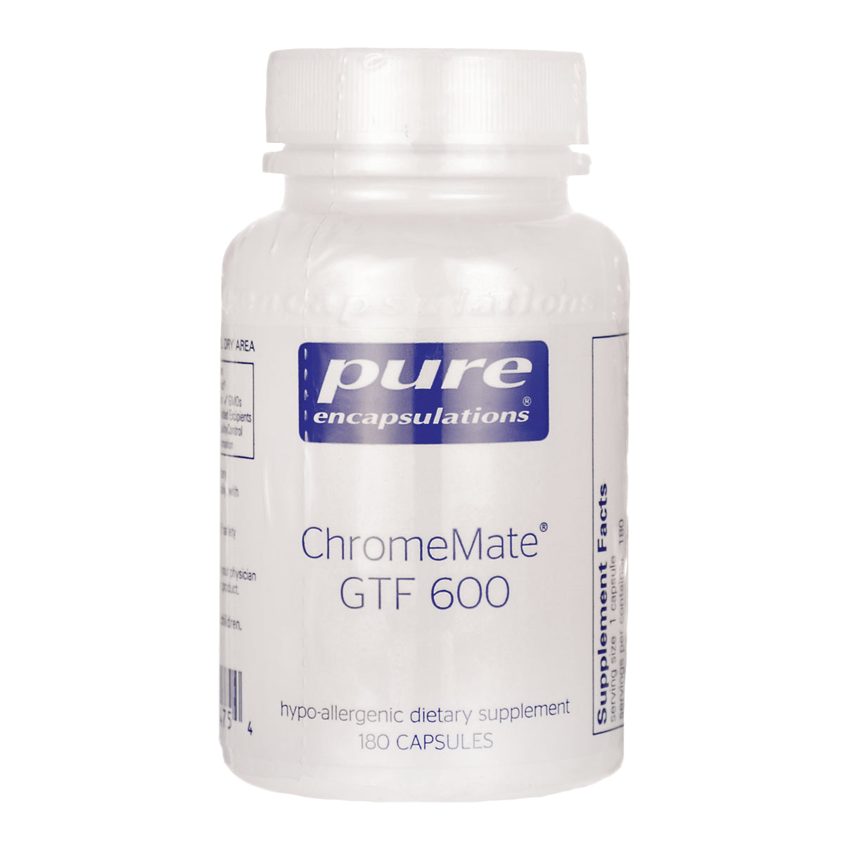 PRN028 | white bottle of Pure Encapsulations ChromeMate GTF 600 hypo-allergenic dietary supplement, 180 capsules