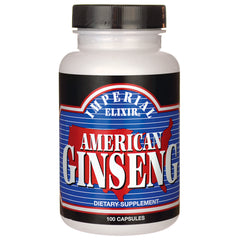 White supplement bottle labeled AMERICAN GINSENG DIETARY-SUPPLEMENT 100 CAPSULES, front view