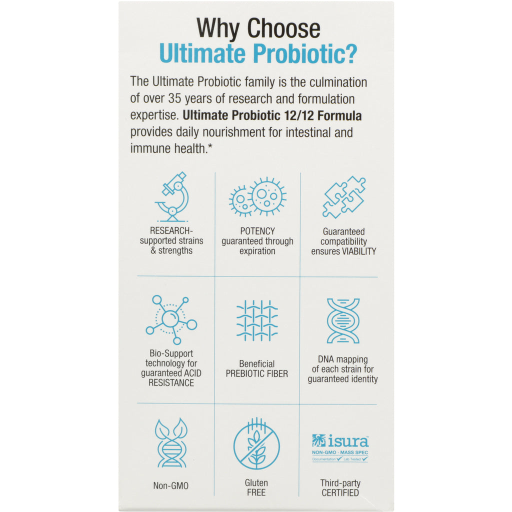 NFC136 | Ultimate Probiotic infographic listing research, potency, viability, acid resistance, prebiotic fiber, DNA mapping, Non-GMO, gluten free, certified - Thumbnail