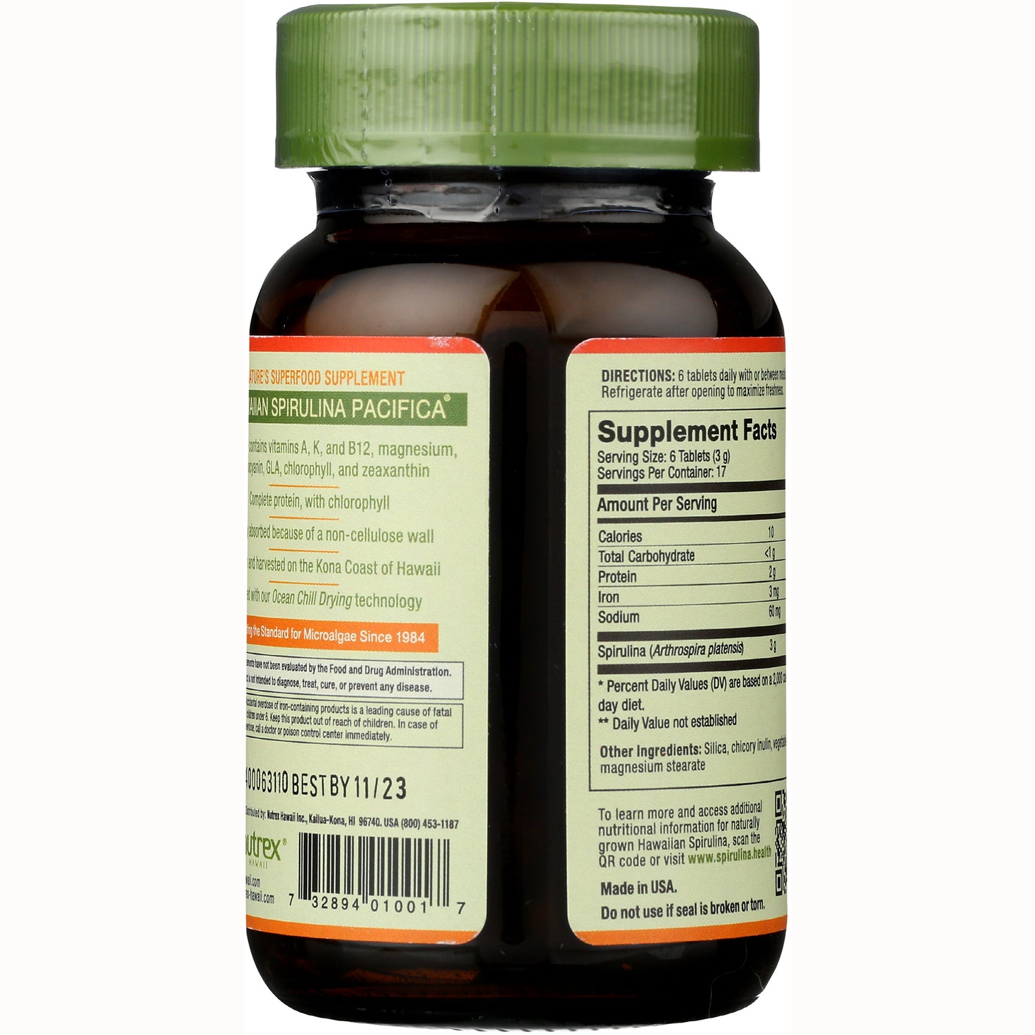 NUT011 | brown supplement bottle with green cap showing Supplement Facts panel and barcode
