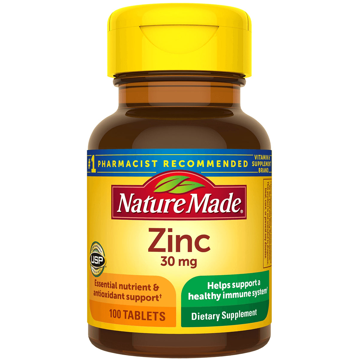 NTM072 | Nature Made Zinc 30 mg bottle with yellow label, 100 tablets dietary supplement