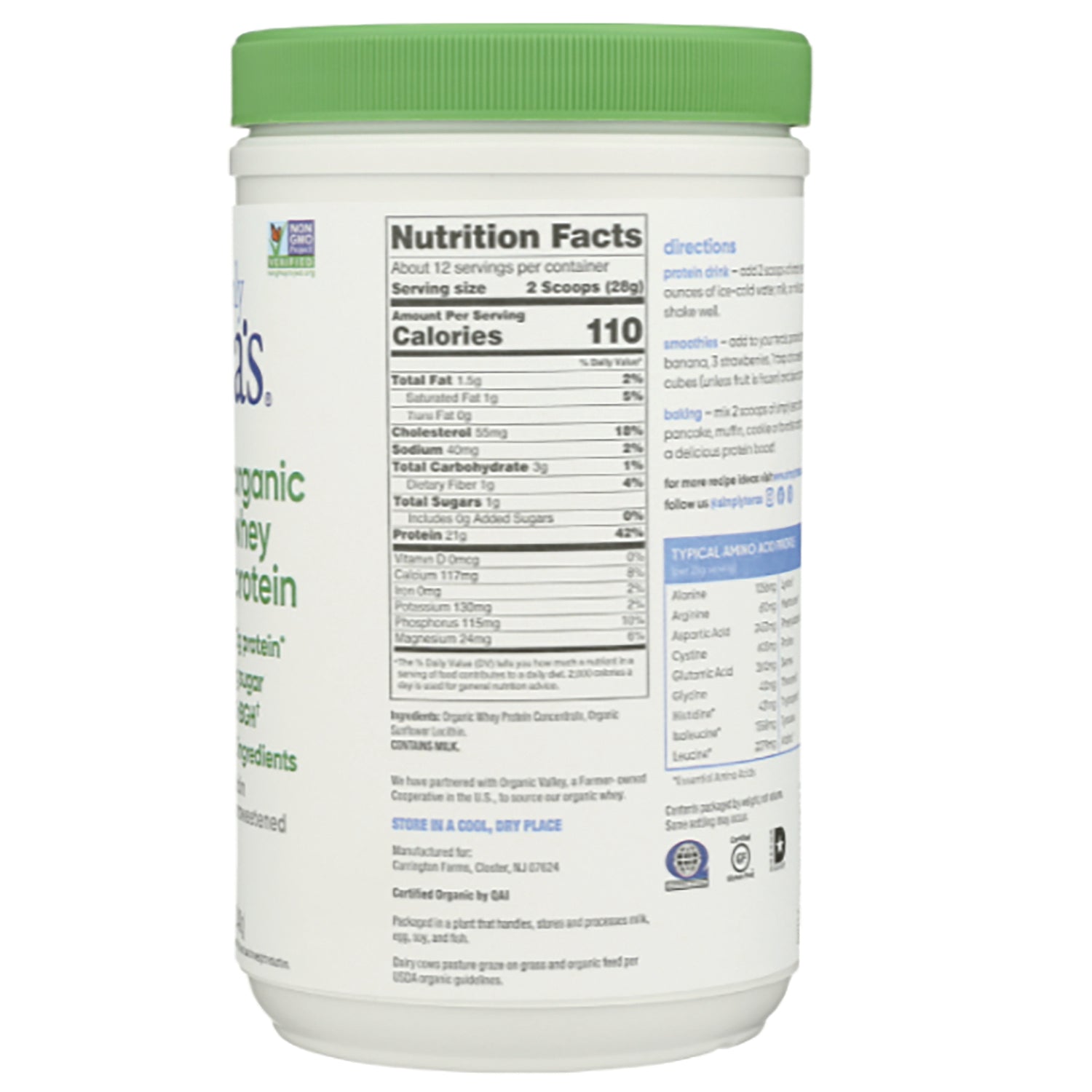 TER011 | Back label with Nutrition Facts, directions, and typical amino acid profile; 110 calories per serving