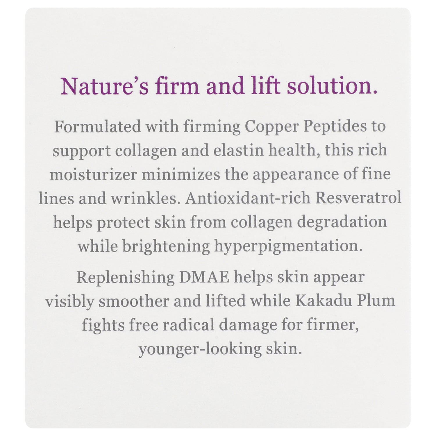 DE008 | Product infographic titled Nature's firm and lift solution; mentions copper peptides, resveratrol, DMAE and Kakadu Plum