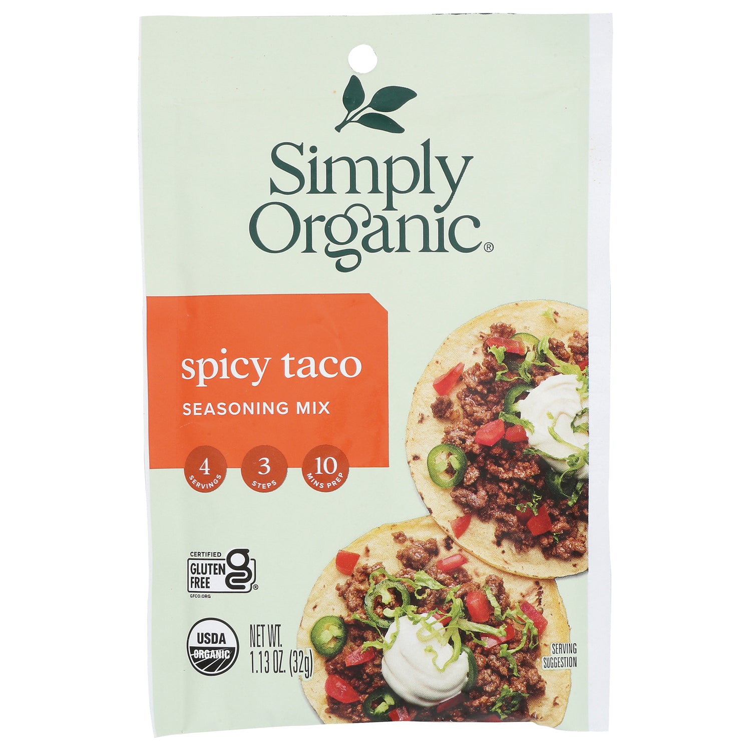 SMP044 | Simply Organic spicy taco seasoning mix pouch with brand logo and two prepared tacos