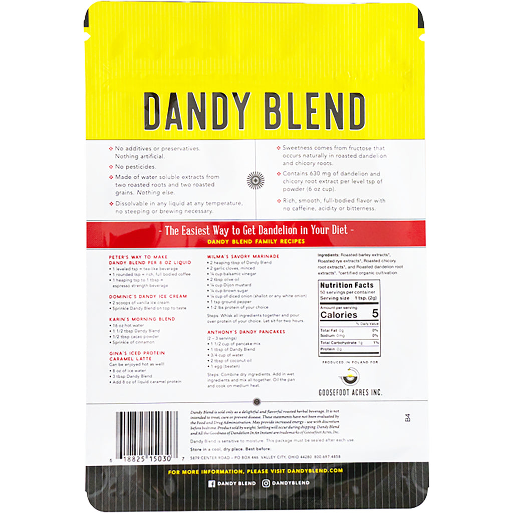 DDY004 | Back of Dandy Blend pouch showing nutrition facts, ingredients, recipes and barcode - Thumbnail