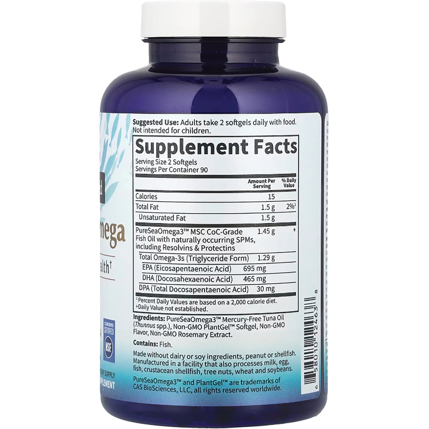 GLF322 | Back of blue supplement bottle showing Supplement Facts label, ingredients, and barcode