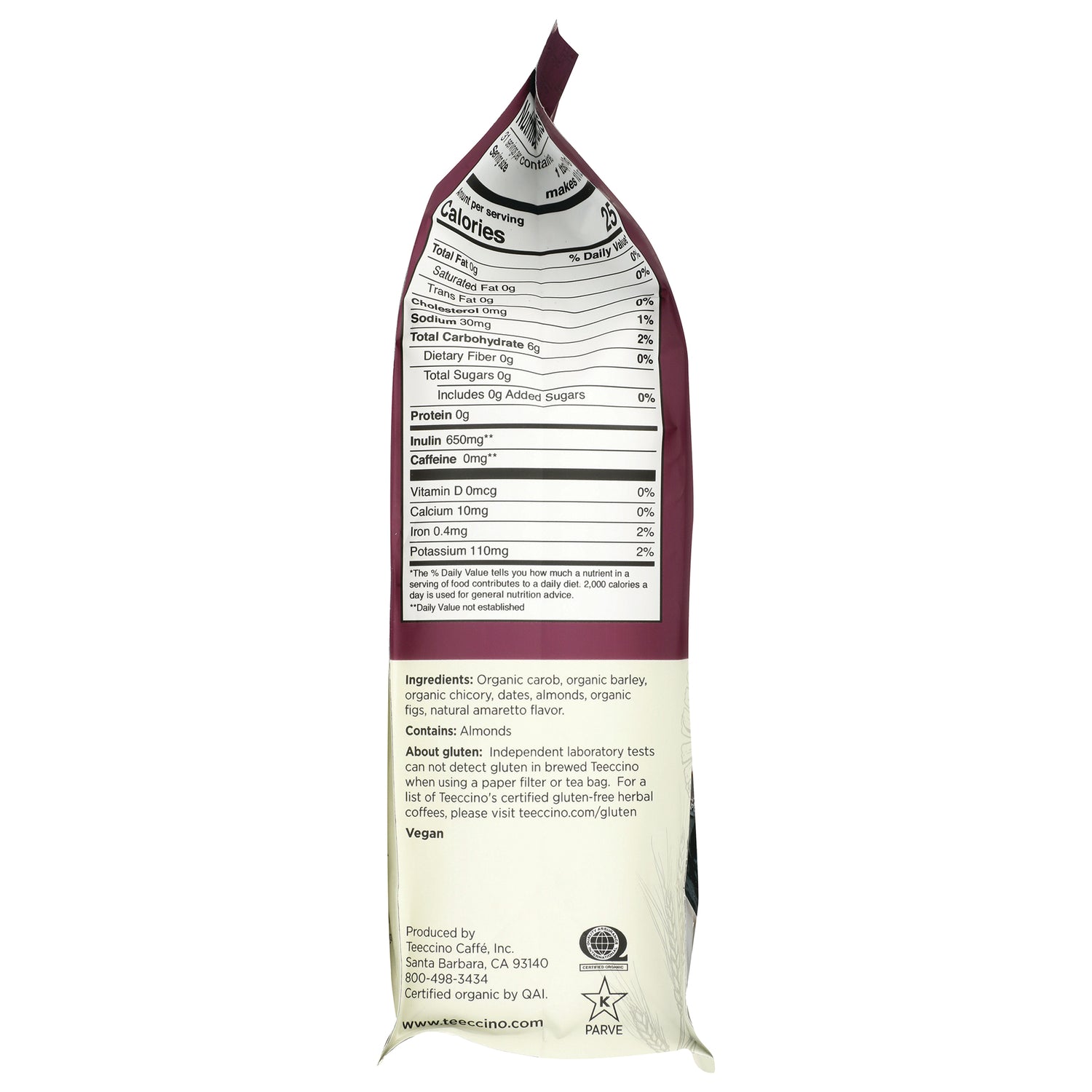 TCN009 | Back panel with Nutrition Facts (Calories 25) and ingredients list; vegan and gluten info