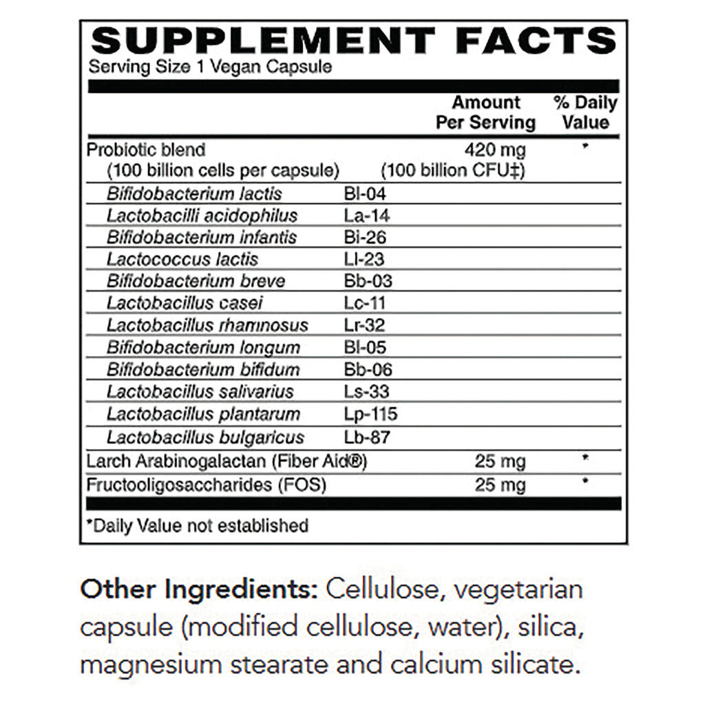 PFU033 | Supplement Facts label showing probiotic blend with list of bacterial strains, serving size and other ingredients - Thumbnail