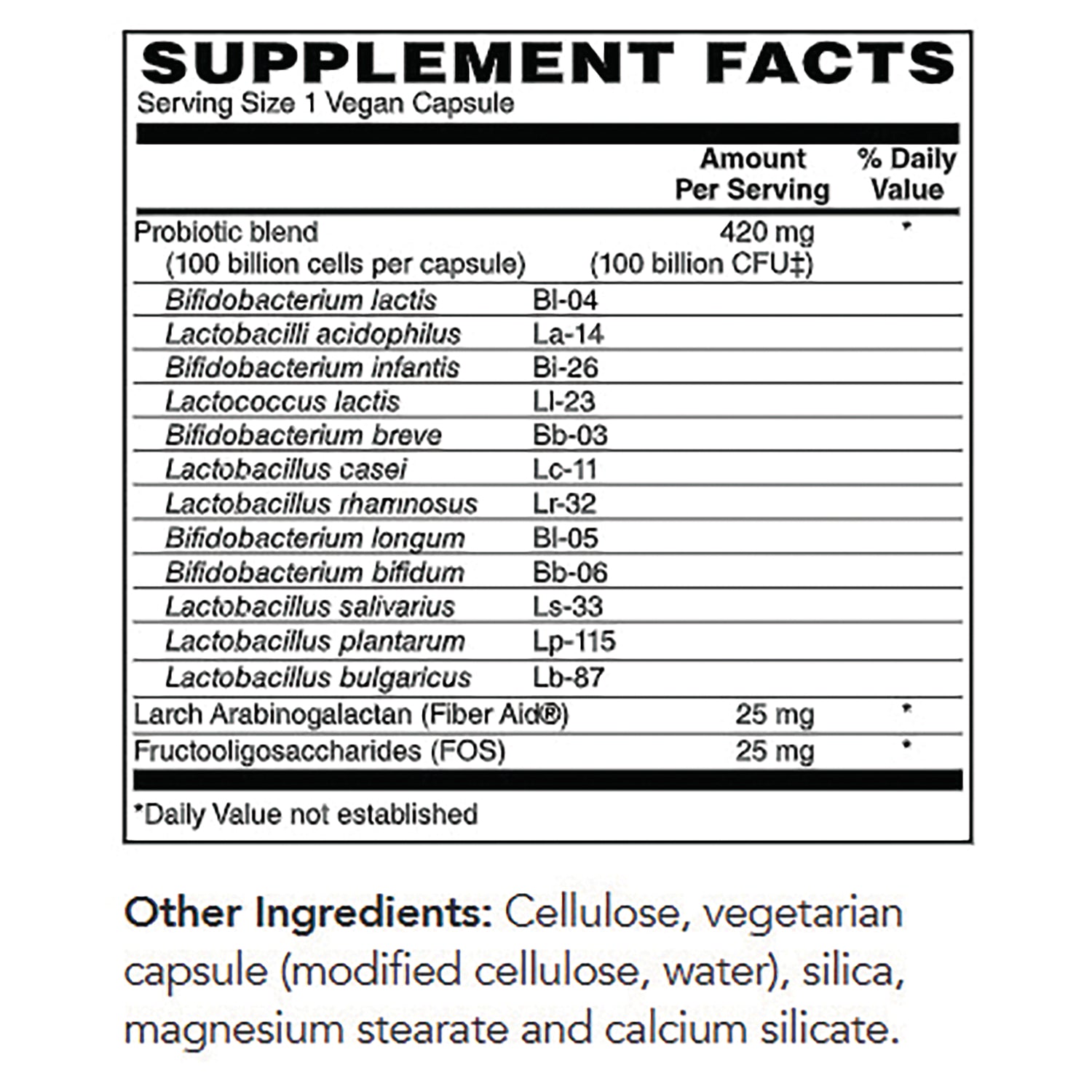 PFU033 | Supplement Facts label showing probiotic blend with list of bacterial strains, serving size and other ingredients