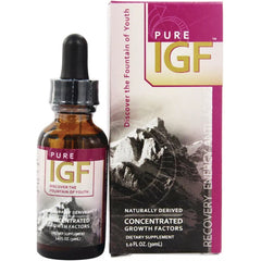 PSL005 | Amber dropper bottle and matching box labeled PURE IGF Concentrated Growth Factors dietary supplement