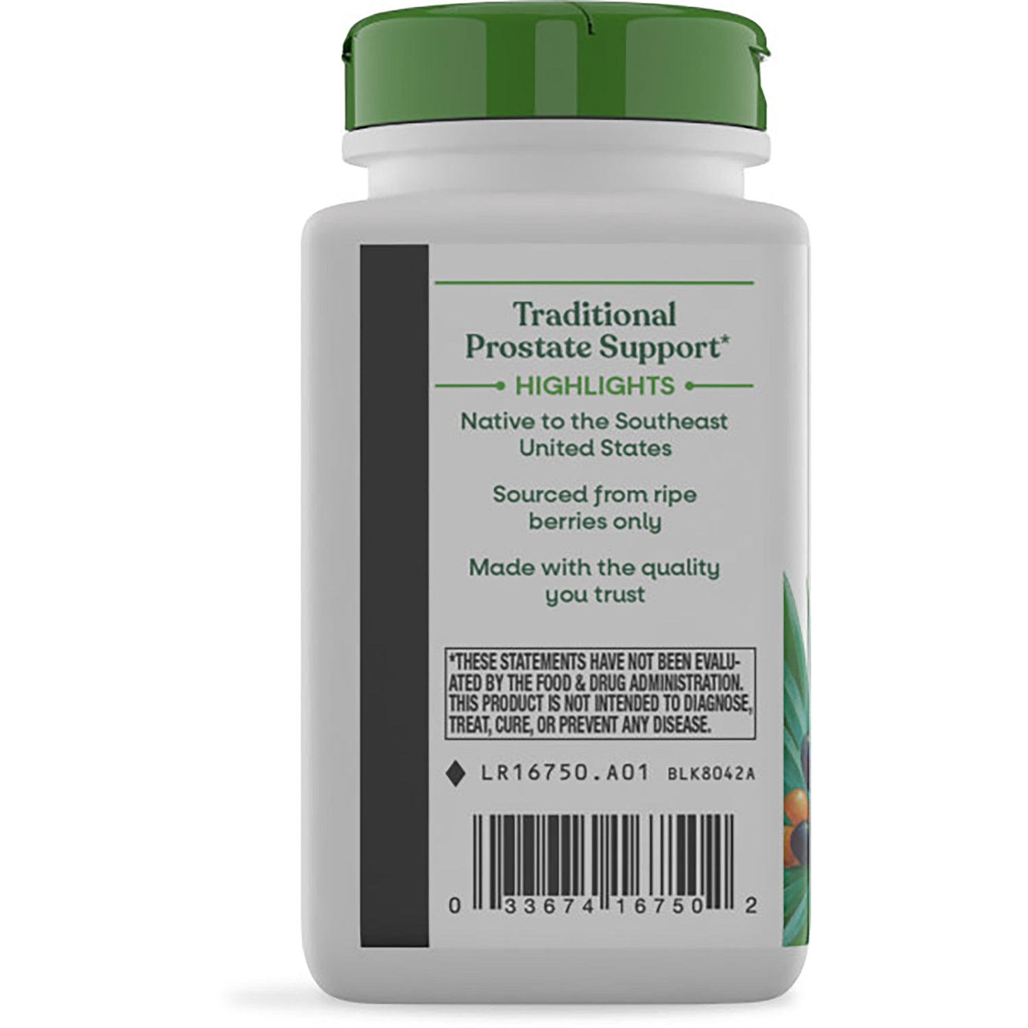 NW472 | back label of white supplement bottle with green cap reading Traditional Prostate Support and saw palmetto description with barcode